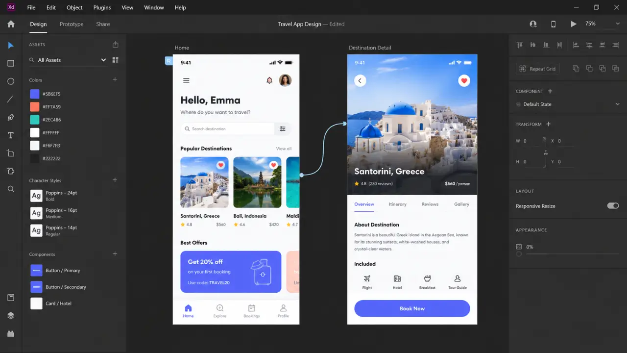 Interface do Adobe XD no Windows, apresentando ecrãs de design de UI/UX para aplicações móveis modernas com um espaço de trabalho para prototipagem interativa.